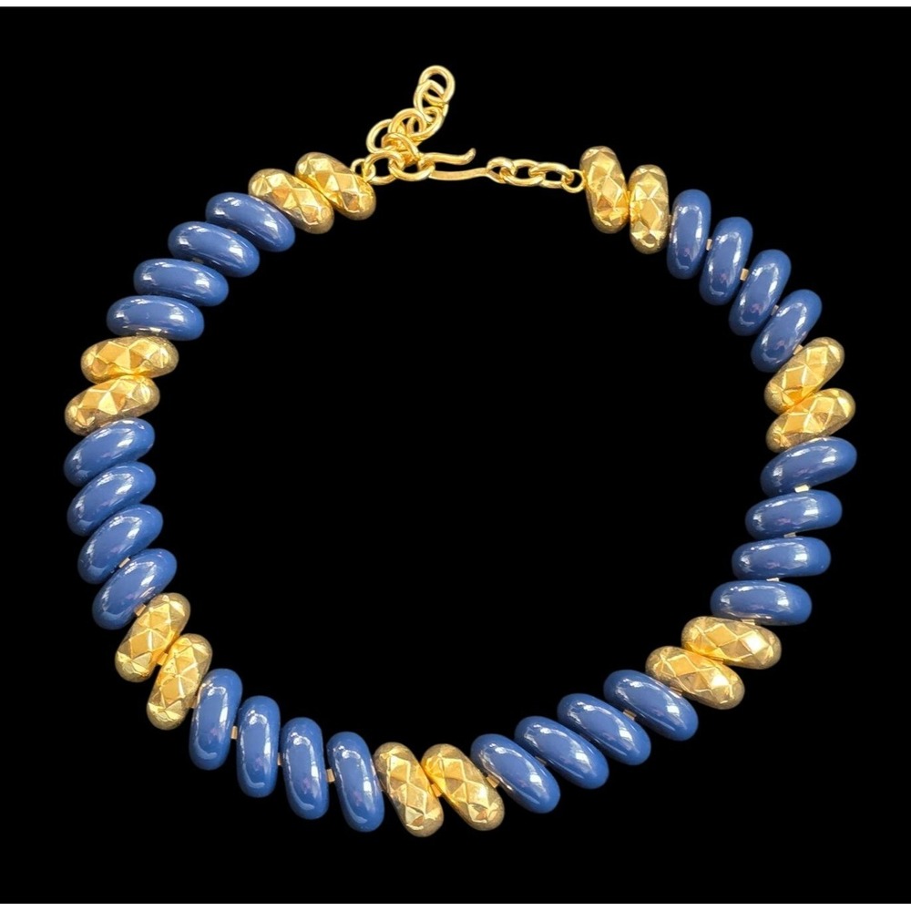 Vintage Monet Gold Tone Navy Blue Enamel Macaroni Link Necklace 17-19in